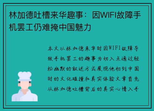 林加德吐槽来华趣事：因WIFI故障手机罢工仍难掩中国魅力